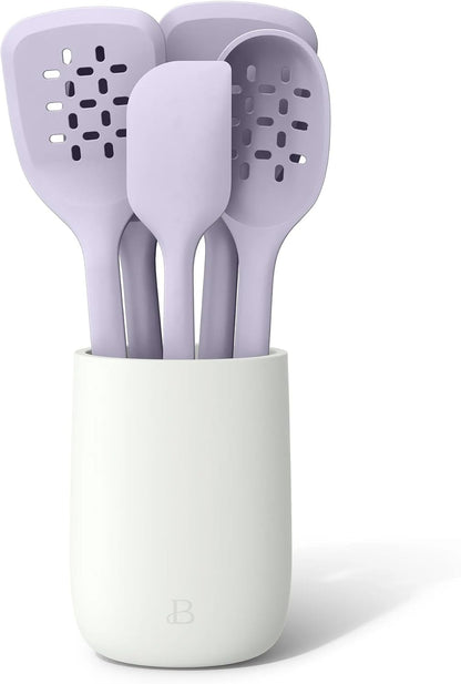 6 Piece Silicone Kitchen Utensil Set with Holder, Heat Resistant Cooking Tools, Nonstick Safe Spatula Spoon Turner Set with Ceramic Storage Crock