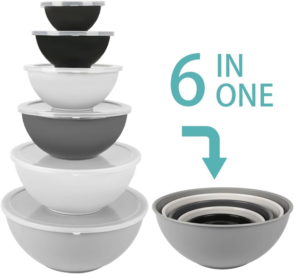 BoxedHome BPA Free Plastic Round Mixing Bowl with Lids, 12 Pack Nesting Bowls with Lids Set, Microwave and Dishwasher Safe Prep & Serving Bowls Great for Mixing, Baking, Serving (pinkish green, 12pcs)