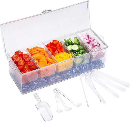 VWMYQ 5-Grid Removable Condiment Tray with Ice Cooler, Salad Platter for Home Bar