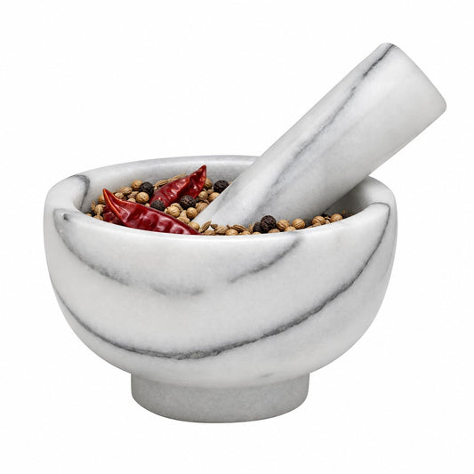HIC Kitchen Mortar and Pestle Set, Solid Carrara Marble, 3.8-Inch, Spice Herb Grinder, Pill Crusher, Nut Butter Maker