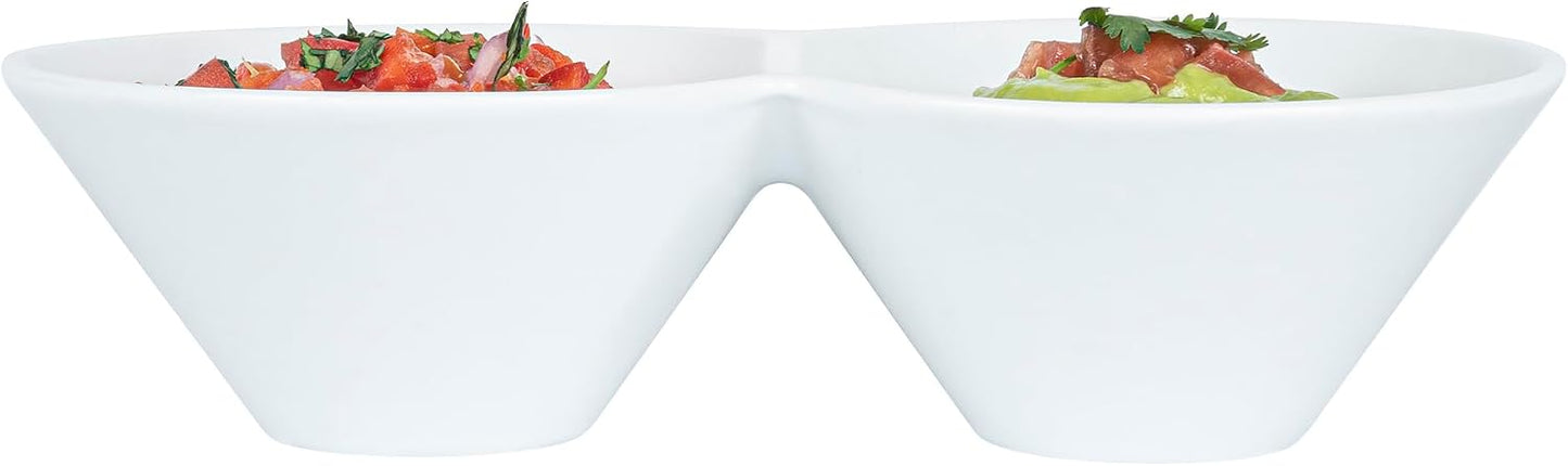 Restaurantware-9.1 x 4.9 x 2.3 Inch Double Dip Bowls, 1 Microwavable Condiment Server - 2 Compartments, Microwavable, White Porcelain Dip Tray, Dishwashable, For Snacks, Condiments, Or Toppings