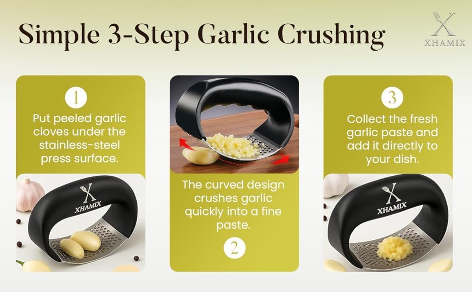 XHAMIX® Stainless Steel Garlic Press Rocker – Effortless Garlic Crusher & Mincer with Ergonomic Grip | Rust-Proof, Dishwasher Safe Garlic Tool for Home & Kitchen