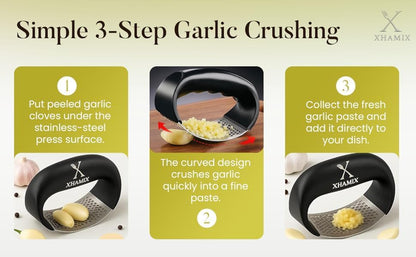 XHAMIX® Stainless Steel Garlic Press Rocker – Effortless Garlic Crusher & Mincer with Ergonomic Grip | Rust-Proof, Dishwasher Safe Garlic Tool for Home & Kitchen