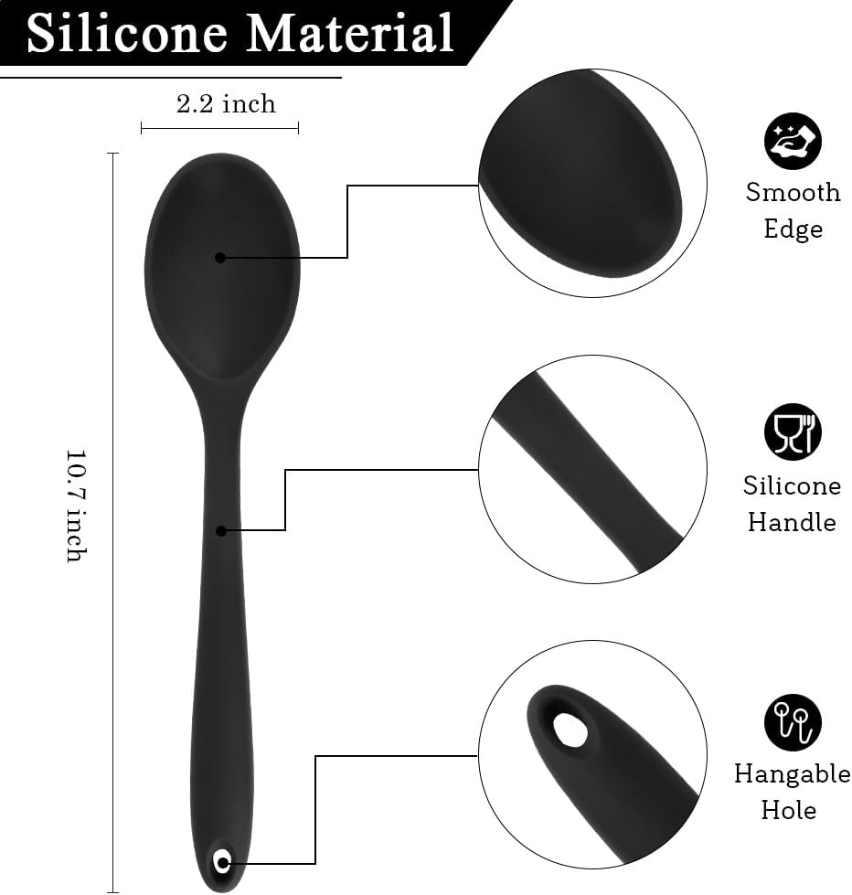 Cooking Spoon 2Pcs 10.8'' Large Serving Spoons Black Heat Resistant Silicone Spoon, Non-Stick Mixing Kitchen Spoons, Premium Silicone Kitchen Utensils for Stirring, Baking & Mixing, Dishwasher Safe