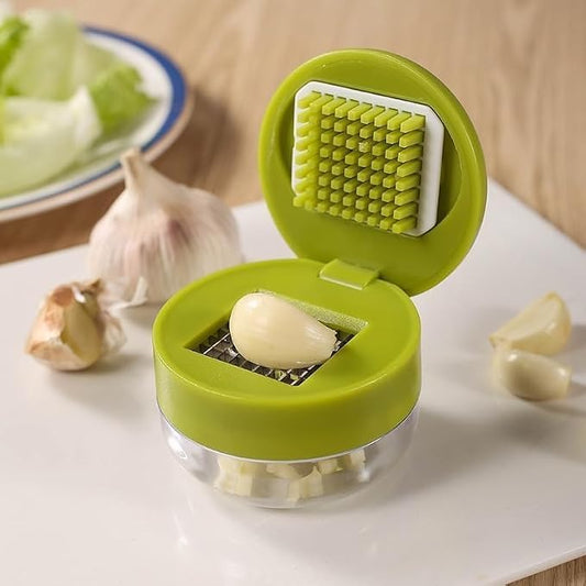 Mini Manual Garlic Chopper and Press with Container, Handheld Garlic Mincer Crusher & Dicer, Stainless Steel Blades, Portable Garlic Cutter Kitchen Tool, Green