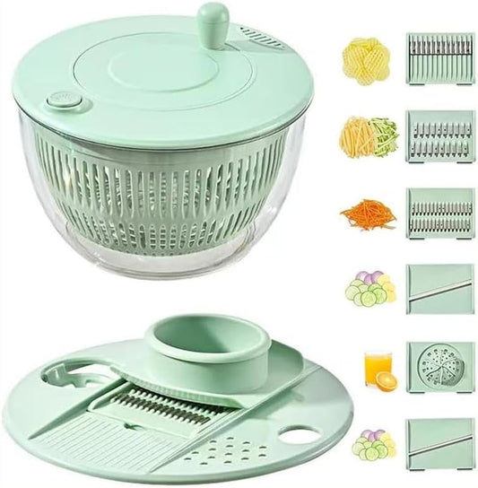 Ceruaxb Salad Spinner Chopper Large with 5 Blades Slicer, Vegetables Fruits Wash Bowl, Lettuce Spinner and Dryer, Egg Yolk Strainer Slicer Shredder for Kitchen Colander, 5.3 Qt, Green
