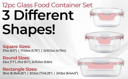 Magic Mill Premium Borosilicate Glass Food Storage Containers with lids Set | 24pc Sets with 12 Bowls & 12 Airtight Locking Lids for Lunch & Meal Prep, Safe for Oven, Freezer, Dishwasher, BPA-Free