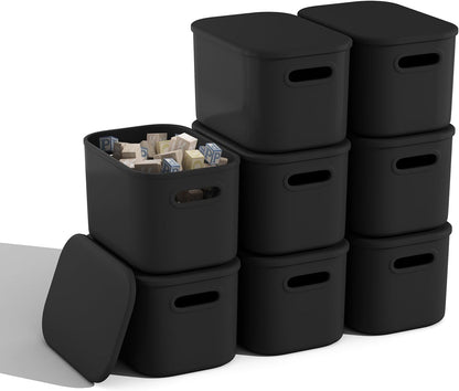 8 Pack White Storage Bins with Lids for Shelves, White Storage Containers with Lids for Organizing, Storage Box with Handle, Stackable White Plastic Bin for Classroom, Craft, Snacks