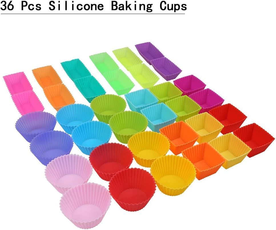 36 Pack Silicone Reusable Cupcake Cases Baking Muffin Cups Liners Molds Sets