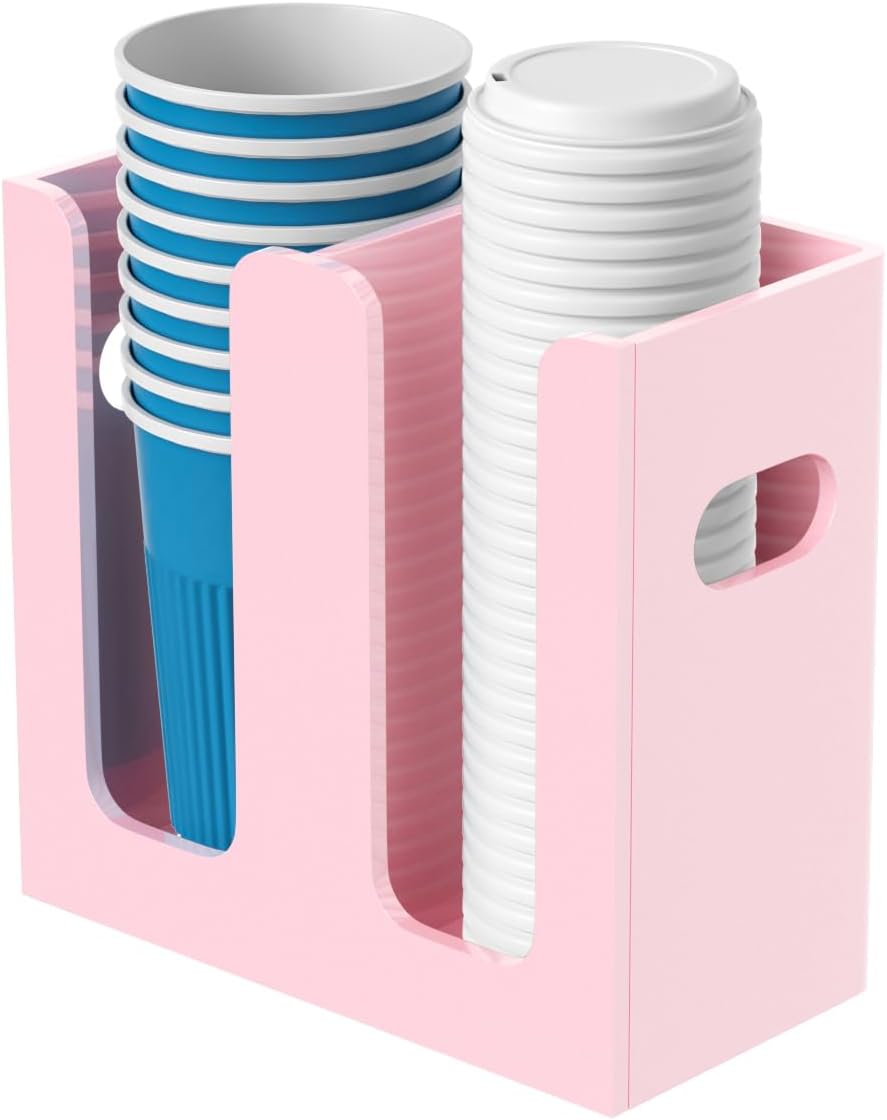 WINFFOR Disposable Cup Organizer Dispenser - 2 Compartments Clear Acrylic Cup and Lid Holder with Handles Plastic Cup Dispenser Countertop Paper Cup Holder for Coffee Bar House Party Essentials