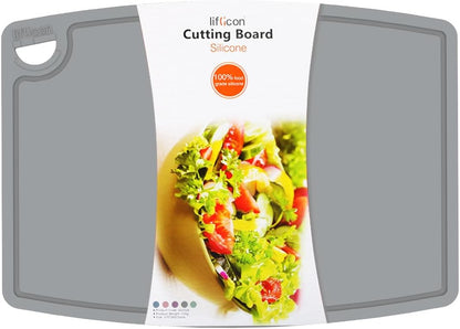Liflicon Silicone Thick Cutting Boards Mats Set of 3 Foldable & Flexible Design Juice Grooves Easy Grip Handle Dishwasher Safe for Kitchen,BPA free Silicone Cutting Board-Gray