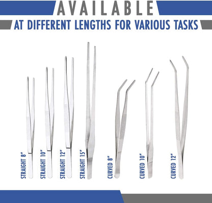2 Pcs Straight and Curved Tip Tweezers 12 Inch, Stainless Steel Precision Tweezers Set with Serrated Tips Comfortable Ridged Handle, Tweezer Tongs for Cooking Repairing with Essential Tweezer Ebook