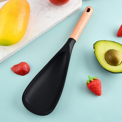 2 Pcs Wooden Handle Silicone Cooking Spoon Set for Nonstick Cookware Cooking, Baking, Stirring ，BPA-Free Heat-Resistant Spatula for Mixing, Flipping, Scraping (2 Pcs Black)