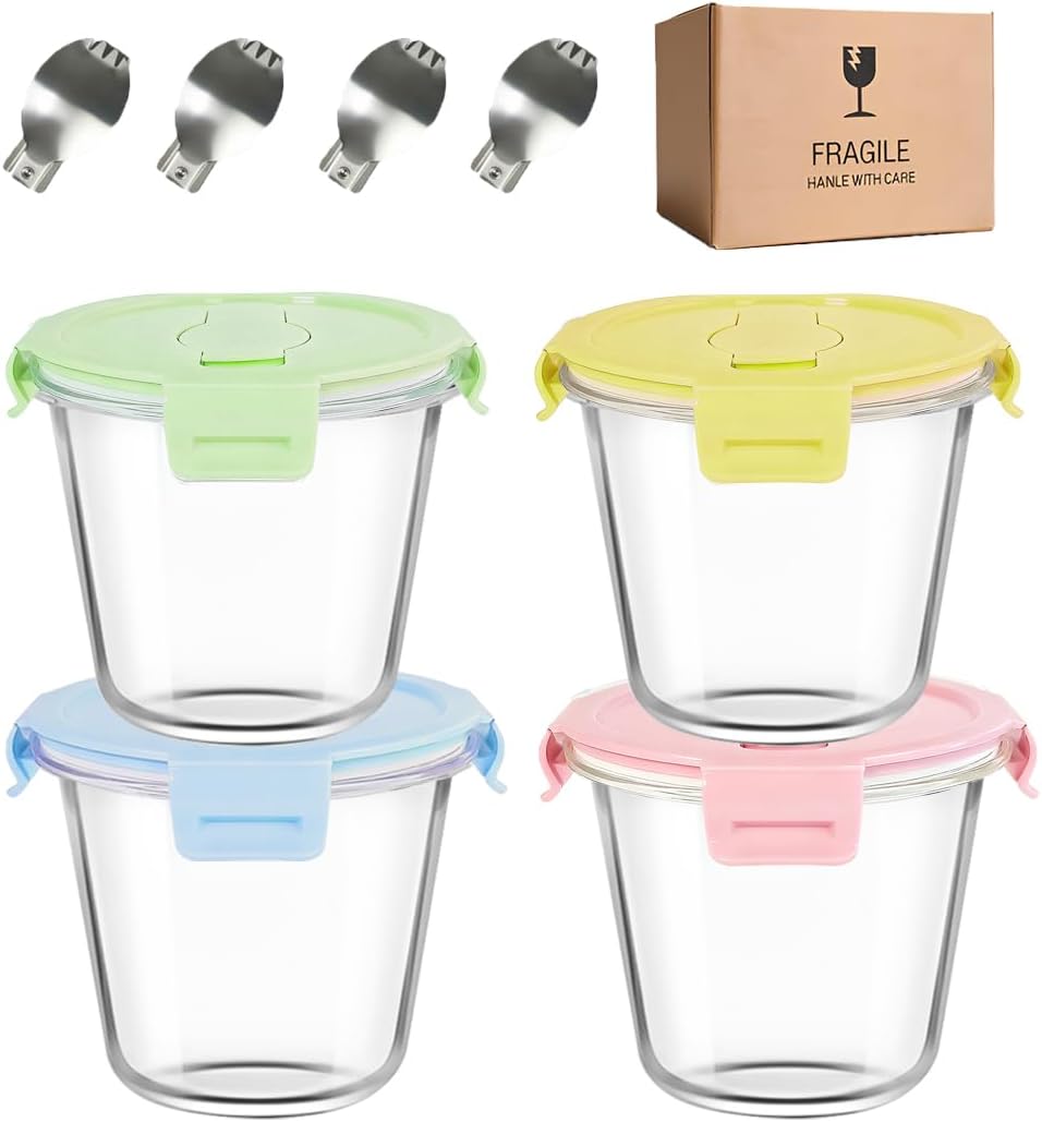 Small Round Glass Food Storage Containers with Lids, 1.5 Cup Round Food Containers set BPA-Free, 12oz Glass Lunch Bowls for Soup Leftover, Microwave, Dishwasher and Freezer Safe (4pack)