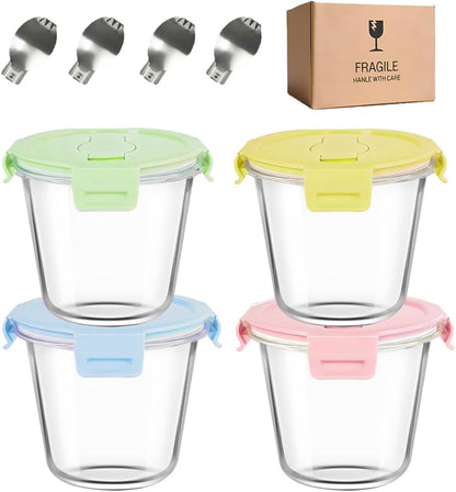 Small Round Glass Food Storage Containers with Lids, 1.5 Cup Round Food Containers set BPA-Free, 12oz Glass Lunch Bowls for Soup Leftover, Microwave, Dishwasher and Freezer Safe (4pack)