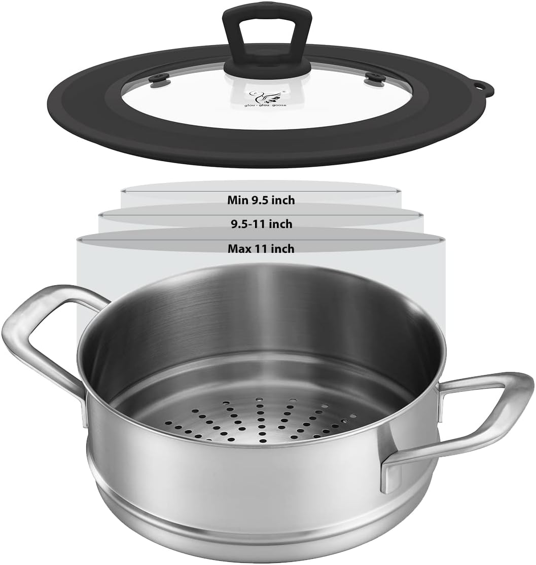 Vented Tempered Glass Universal Lid for Pot Pan Skillet with Heat Resistant Silicone Rim Microwave Splatter Lid Cover Microwave Safe Fit 11.5" 12" 12.5" Cookware, Dishwasher Safe Grey