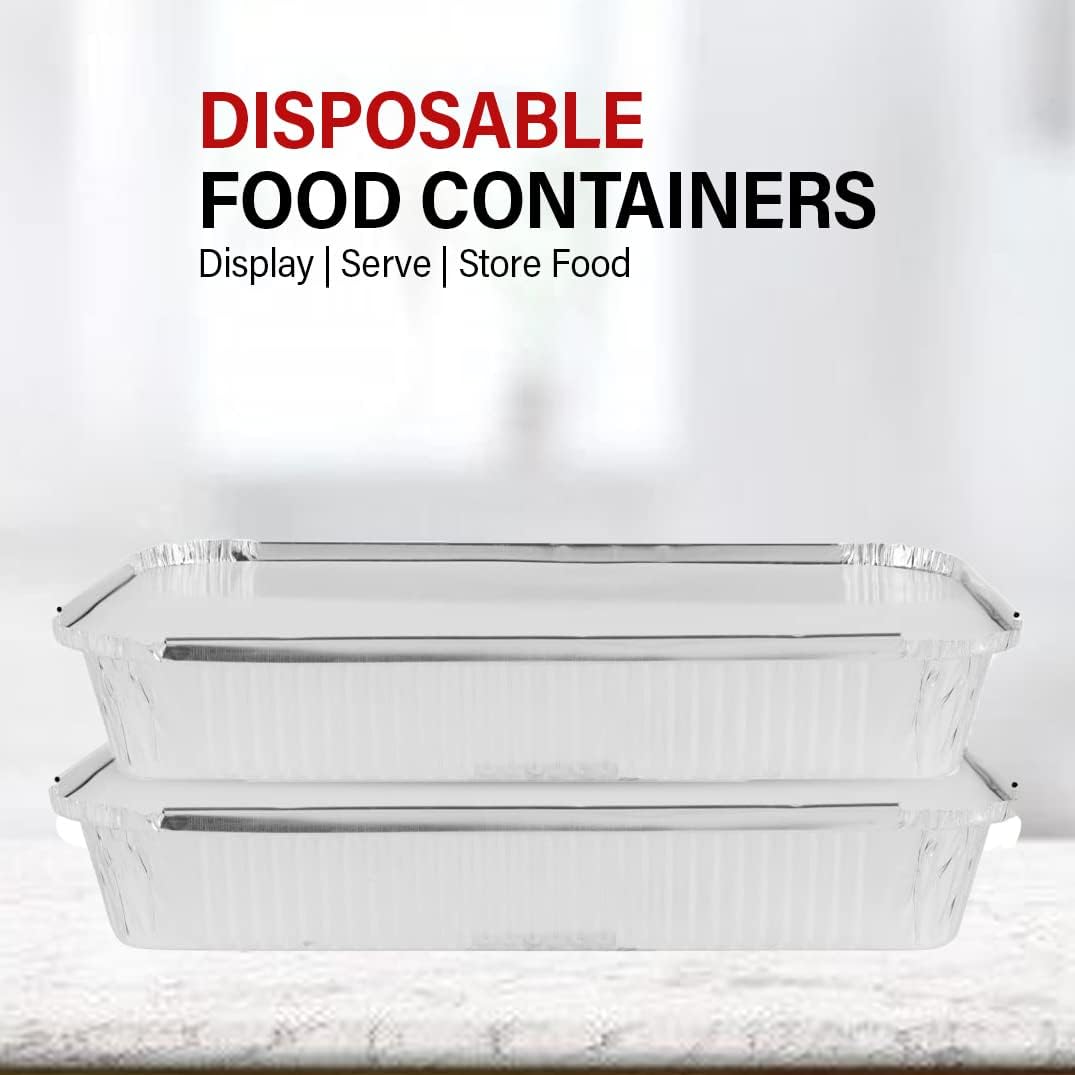 PARTY BARGAINS 4 lb Aluminum Pans with Board Lids, 50 Pack – 12 x 8 in Disposable Foil Roasting & Steam Table Pans for Catering, Takeout, Meal Prep, Oven Safe up to 240°C