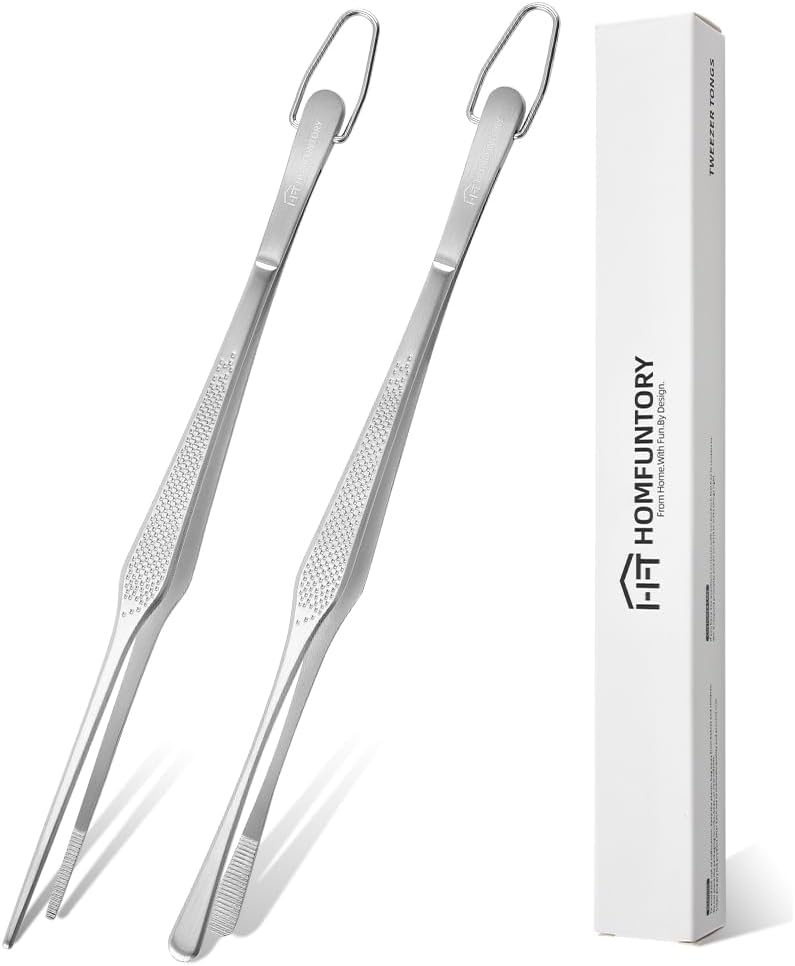 Stainless Steel Cooking Tweezers, 12-Inch Precision Kitchen Tweezers with Star Dot Texture, Wider Grip & Elevated Tips | Galaxy Grip Series, 2 Pcs (Black)