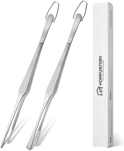 Stainless Steel Cooking Tweezers, 12-Inch Precision Kitchen Tweezers with Star Dot Texture, Wider Grip & Elevated Tips | Galaxy Grip Series, 2 Pcs (Black)
