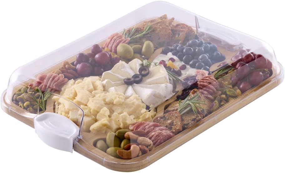 Farberware Build-A-Board Bamboo Cutting Board with Built-In Compartments & Clear Locking Lid, Black Handles, Charcuterie, Snack Tray, Food Prep and Serving Platter
