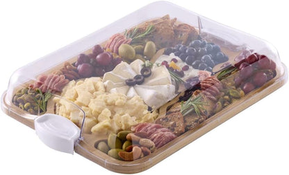 Farberware Build-A-Board Bamboo Cutting Board with Built-In Compartments & Clear Locking Lid, Black Handles, Charcuterie, Snack Tray, Food Prep and Serving Platter