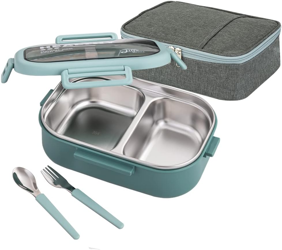 Lille Home 28oz Stainless Steel Leakproof 2-Compartment Bento Lunch Box/Portion Control Food Container with Lunch Bag and Cutlery Set, BPA Free (pink)