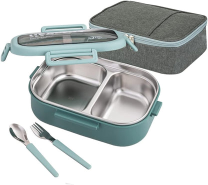 Lille Home 28oz Stainless Steel Leakproof 2-Compartment Bento Lunch Box/Portion Control Food Container with Lunch Bag and Cutlery Set, BPA Free (pink)