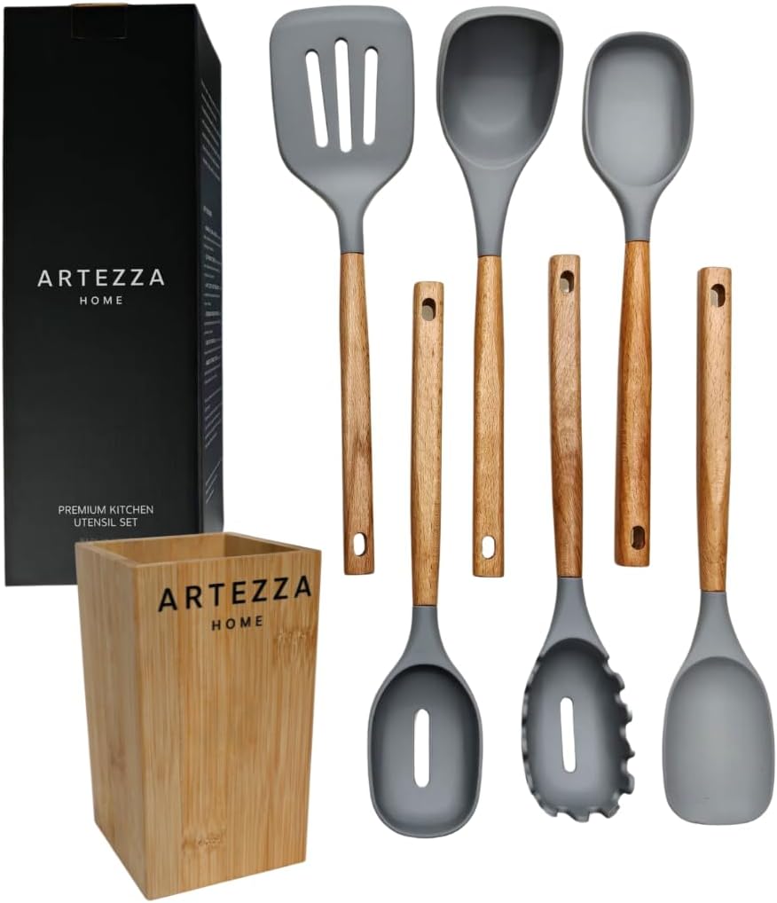 Green Silicone Kitchen Utensil Set – 10-Piece Cooking Tools with Wooden Handles & Ventilated Bamboo Holder, Heat-Resistant Silicone, Nonstick Safe, BPA-Free Kitchen Gadgets Set – Sage Green