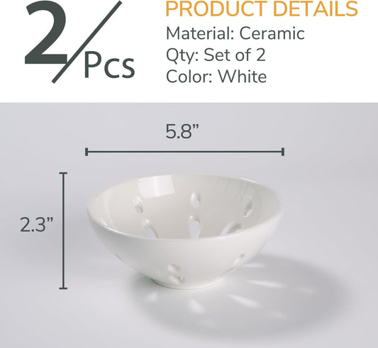 Ceramic Berry Basket, Round Fruit Bowl with Draining Hole, 5.8" Berry Colander for Kitchen Counter, Fruit Baskets Set of 2, White