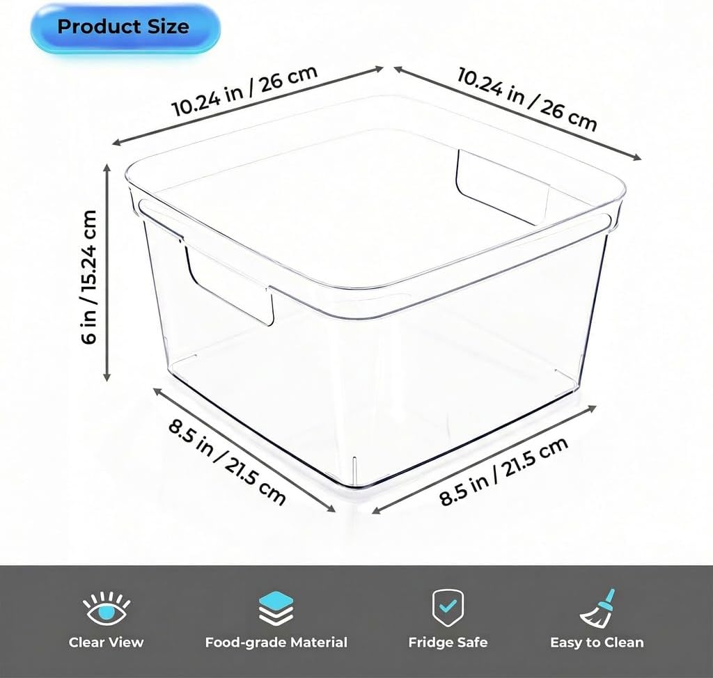 MOONEDGE 4-Pack 10x10x6 Clear Plastic Cube Storage Bins with Handles | Acrylic hard square organizer containers for closet,pantry,fridge,kitchen,bathroom,laundry,under-sink,cabinet organization