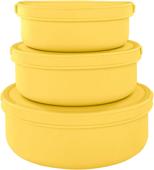 Silicone Food Storage Containers Bowl, Set of 3 Reusable Silicone Bento Lunch Box Containers with Lids (17oz, 25oz, 42oz) Dishwasher, Microwave and Freezer Safe (Bright Yellow)