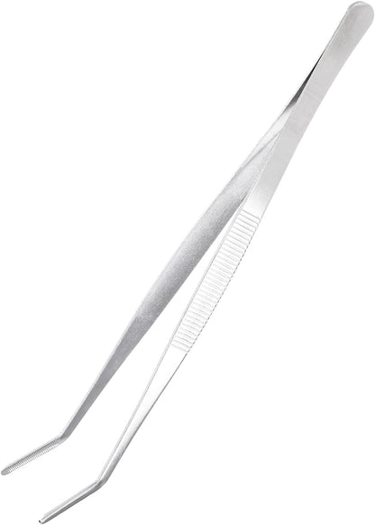 uxcell Kitchen Tweezers Stainless Steel, 8 Inch Food Tongs Fine Cooking Tweezers Set Extra-Long Tweezer Tongs for Cooking Grill Baking BBQ, Black Bend Clip