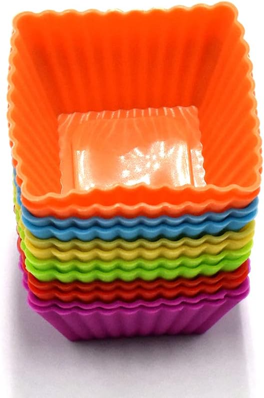 12PCS Silicone Mini Reusable Muffin Baking Cup Small Cupcake Holders Random Color Silicone Cupcake Liners Pastry Dessert Cups Nonstick Liner Molds for Making Muffin Chocolate Bread(Square)