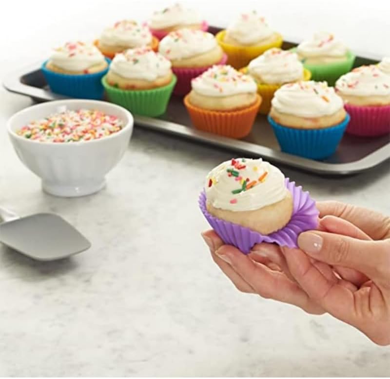 Silicone Baking Cups, Reusable Cupcake Liners, Non-stick Muffin Molds, 12 Pieces