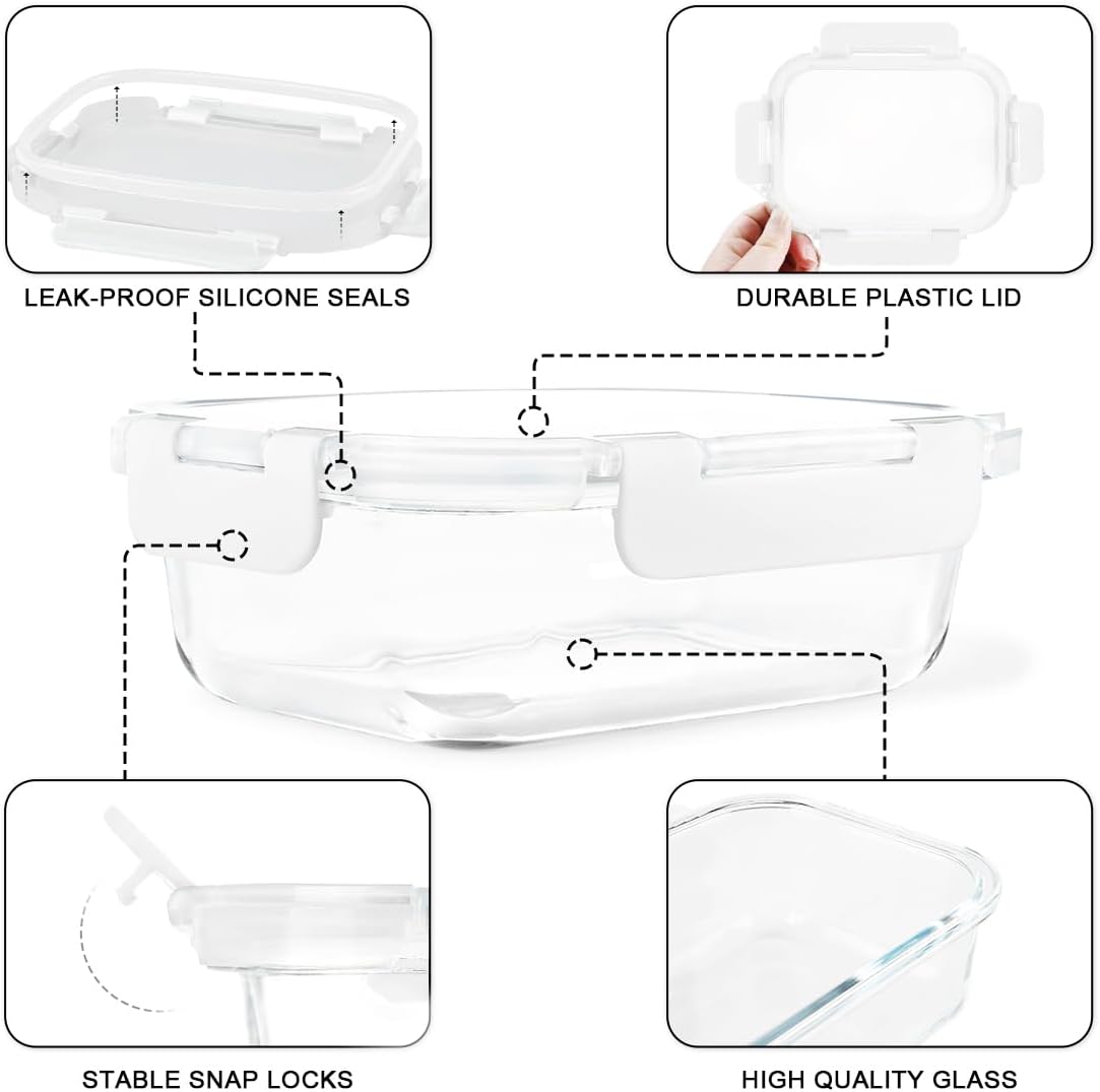 KAMOTA Glass Food Storage Containers, 10 Pack Glass Meal Prep Containers, Airtight Containers with Snap-Lock Lids, 22 oz Grey Container Set with Lids, for Microwave/Oven/Freezer/Dishwasher