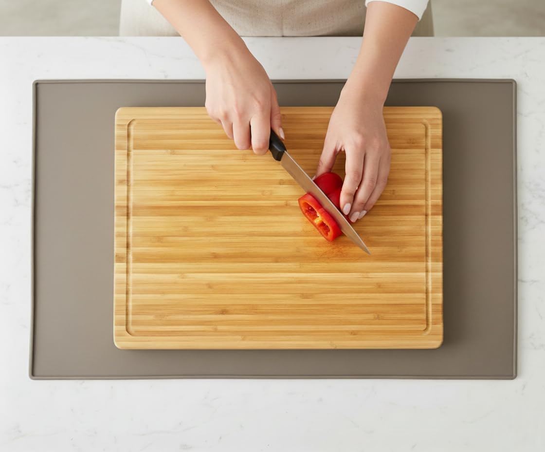 GASARÉ, Non Slip Cutting Board Mat, Grip Mat Pad, Under Kitchen Cutting Board, Raised Edges, Extra Large, Easy to Clean, 19 x 13 Inches, Taupe