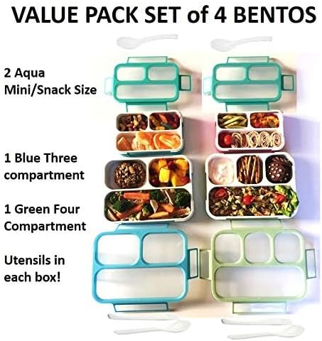 Bento Lunch Box for Kids or Adults, Snack Containers for Boys, Girls, School Daycare Work, 3 Divided Compartments Meal Planning Portion Control, BPA-Free Boxes, Utensils | Blue Purple 2 pack