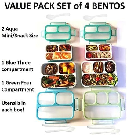 Bento Lunch Box for Kids or Adults, Snack Containers for Boys, Girls, School Daycare Work, 3 Divided Compartments Meal Planning Portion Control, BPA-Free Boxes, Utensils | Blue Purple 2 pack