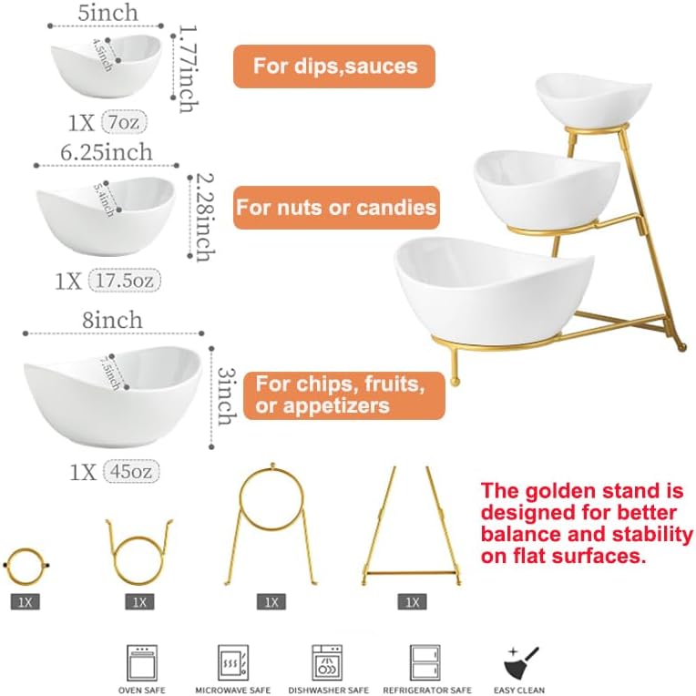Miamolo Porcelain Serving Bowl Set for Appetizer Serving Dishes Set with 2 Compartment, Chip and Dip Taco Rack Display Salad Bar Serving Set, Gold Stand