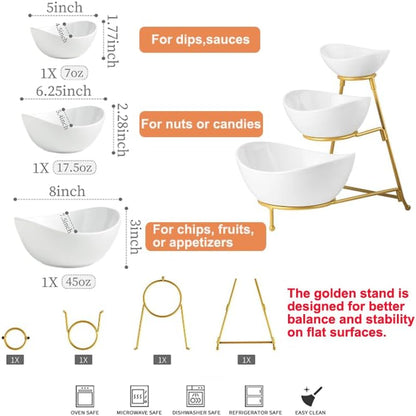Miamolo Porcelain Serving Bowl Set for Appetizer Serving Dishes Set with 2 Compartment, Chip and Dip Taco Rack Display Salad Bar Serving Set, Gold Stand