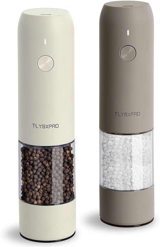 Electric Salt and Pepper Grinder Set, USB Rechargeable, Automatic Salt and Pepper Mill Grinder with Adjustable Coarseness, Electric Salt Shakers, LED Light, Refillable (2 Packs, Greige)