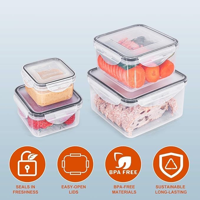 4 Pcs Food Storage Containers with Lids Airtight - BPA-Free, 100% Leak-Proof, Meal Prep Containers for Kitchen Storage and Organization, Dishwasher & Microwave, Freezer Safe(Square)