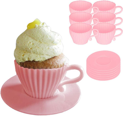 Evelots Baking Cupcake Molds - Silicone Teacup Set - 24 Pc Set - Oven-Safe - Nonstick - Muffin Cups for Bridal/Baby Shower, Birthday/Tea Party - 12 Cups & 12 Saucers - BPA Free