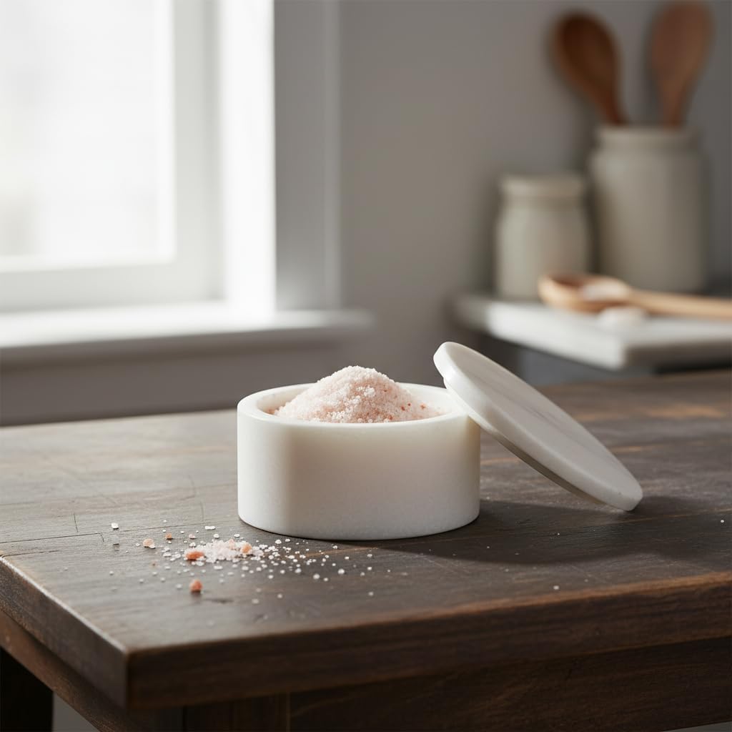 Queenza White Marble Salt Cellar with Lid – Handmade Salt Box & Salt Container for Kitchen Countertop