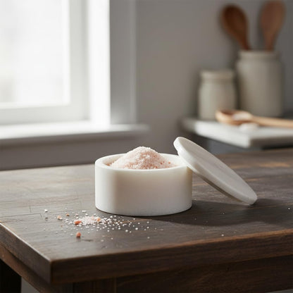 Queenza White Marble Salt Cellar with Lid – Handmade Salt Box & Salt Container for Kitchen Countertop