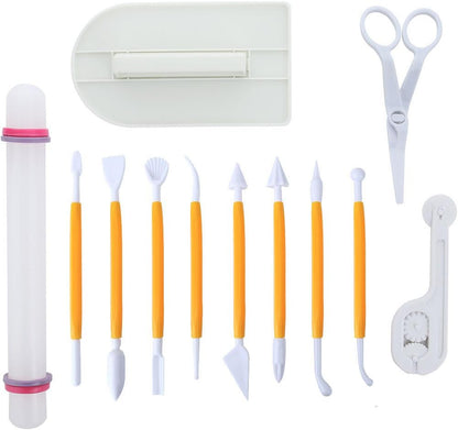 ScivoKaval Marshmallow Fondant Cake Decorating Hand Tool 12 Pcs 5 Sets Sugarcraft Gumpaste Icing Smoother Rolling Pin Trimmer Cutter Embosser Flower Scissor Modelling Accessories Supplies Kit Multi