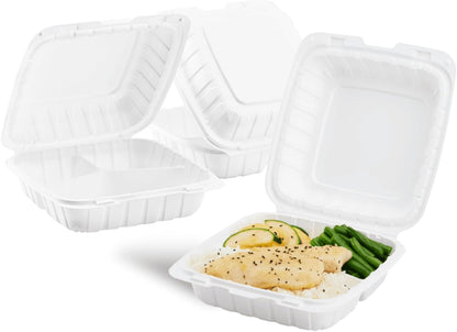 KARAT EARTH Clamshell Take Out Food Containers [8"x8" - 200 ct] To Go Containers | 3 Compartment, Soak-Resistant, Durable, Stackable | Vented for Hot/Cold Foods, White