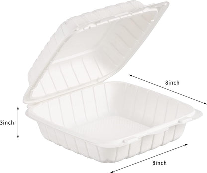 8X8 3-Compartment 50-Pack Plastic Clamshell Takeout Food Trays Heavy Duty Togo Disposable Box Carryout Meal Prep Packaging Catering Hinged Containers With Secure Snap Lid (Formerly FULING)