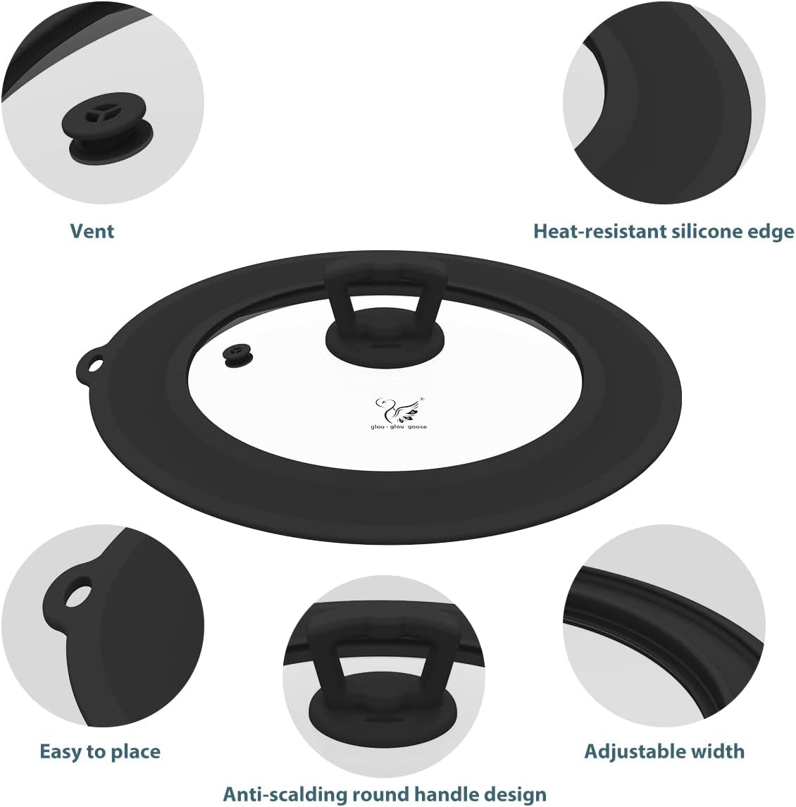 Vented Tempered Glass Universal Lid for Pot Pan Skillet with Heat Resistant Silicone Rim Microwave Splatter Lid Cover Microwave Safe Fit 11.5" 12" 12.5" Cookware, Dishwasher Safe Grey