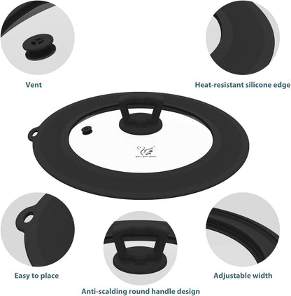 Vented Tempered Glass Universal Lid for Pot Pan Skillet with Heat Resistant Silicone Rim Microwave Splatter Lid Cover Microwave Safe Fit 11.5" 12" 12.5" Cookware, Dishwasher Safe Grey